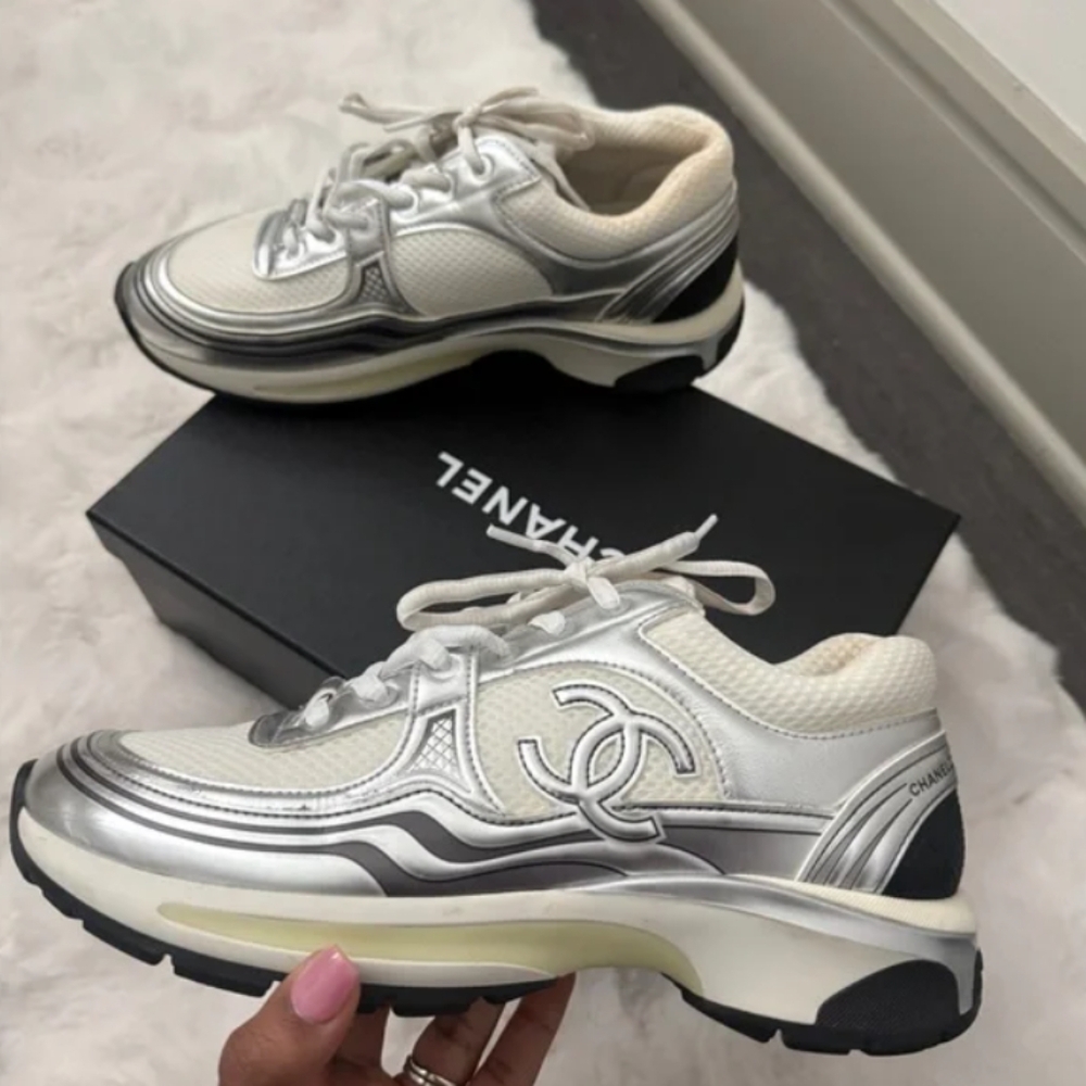 CHANEL Women's White and Silver Sneakers - Picture 2 of 4